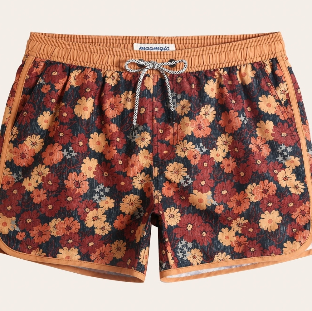 Mens BlackMogoo Floral Elastic-Waist Swim Shorts in Rust & Navy Floral SzMed